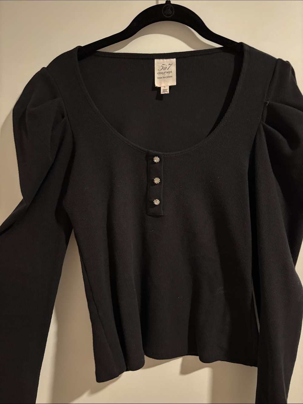 cinq a sept Black Scoop Neck Long Sleeve Top with Decorative Buttons